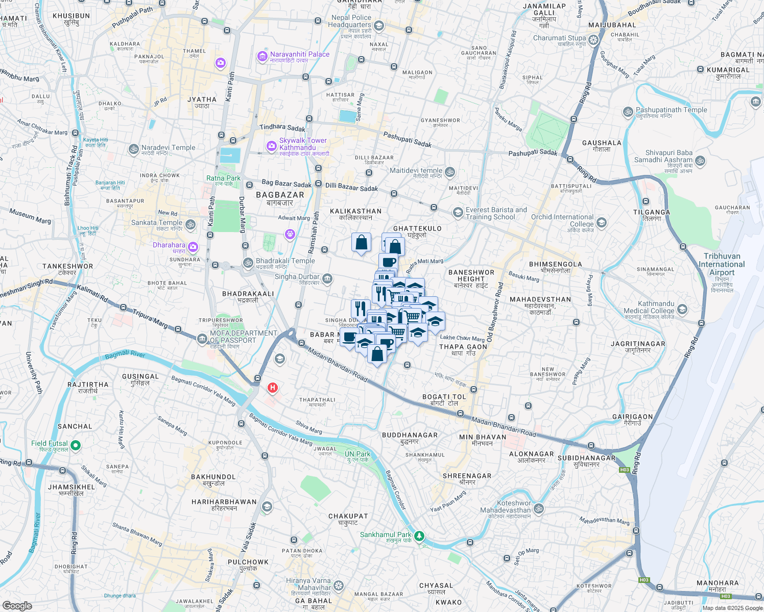 map of restaurants, bars, coffee shops, grocery stores, and more near Tanka Prasad Ghumti Sadak in Kathmandu