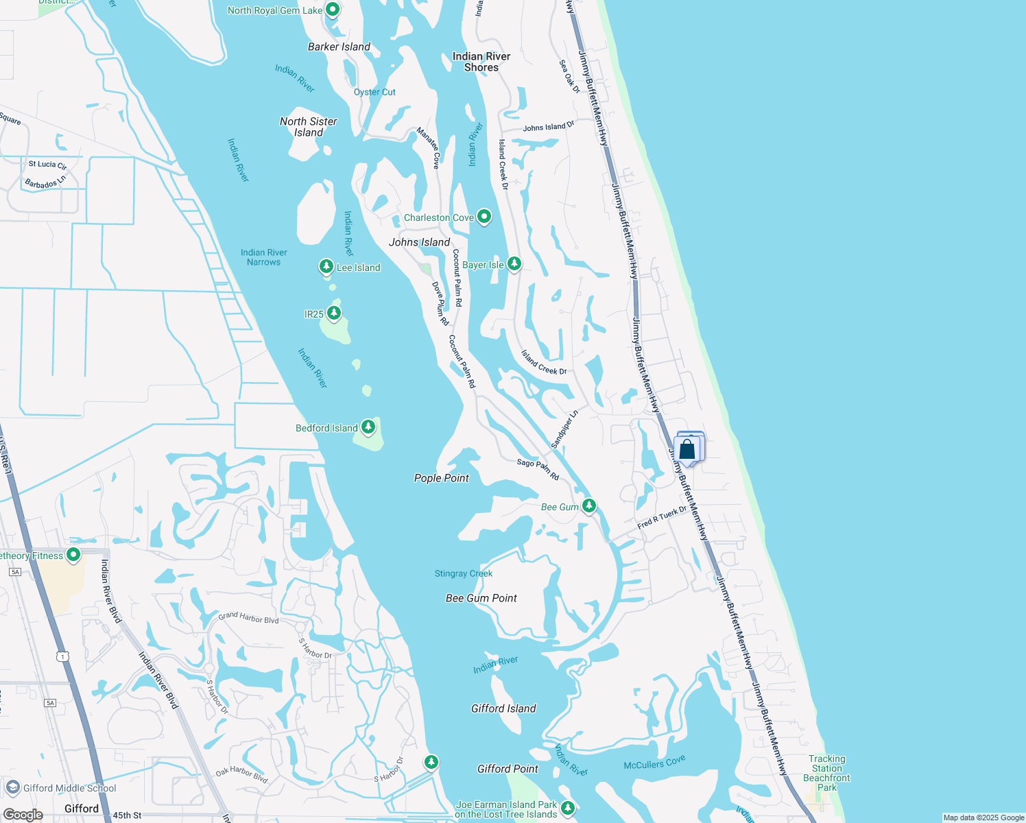 map of restaurants, bars, coffee shops, grocery stores, and more near 270 Coconut Palm Road in Vero Beach