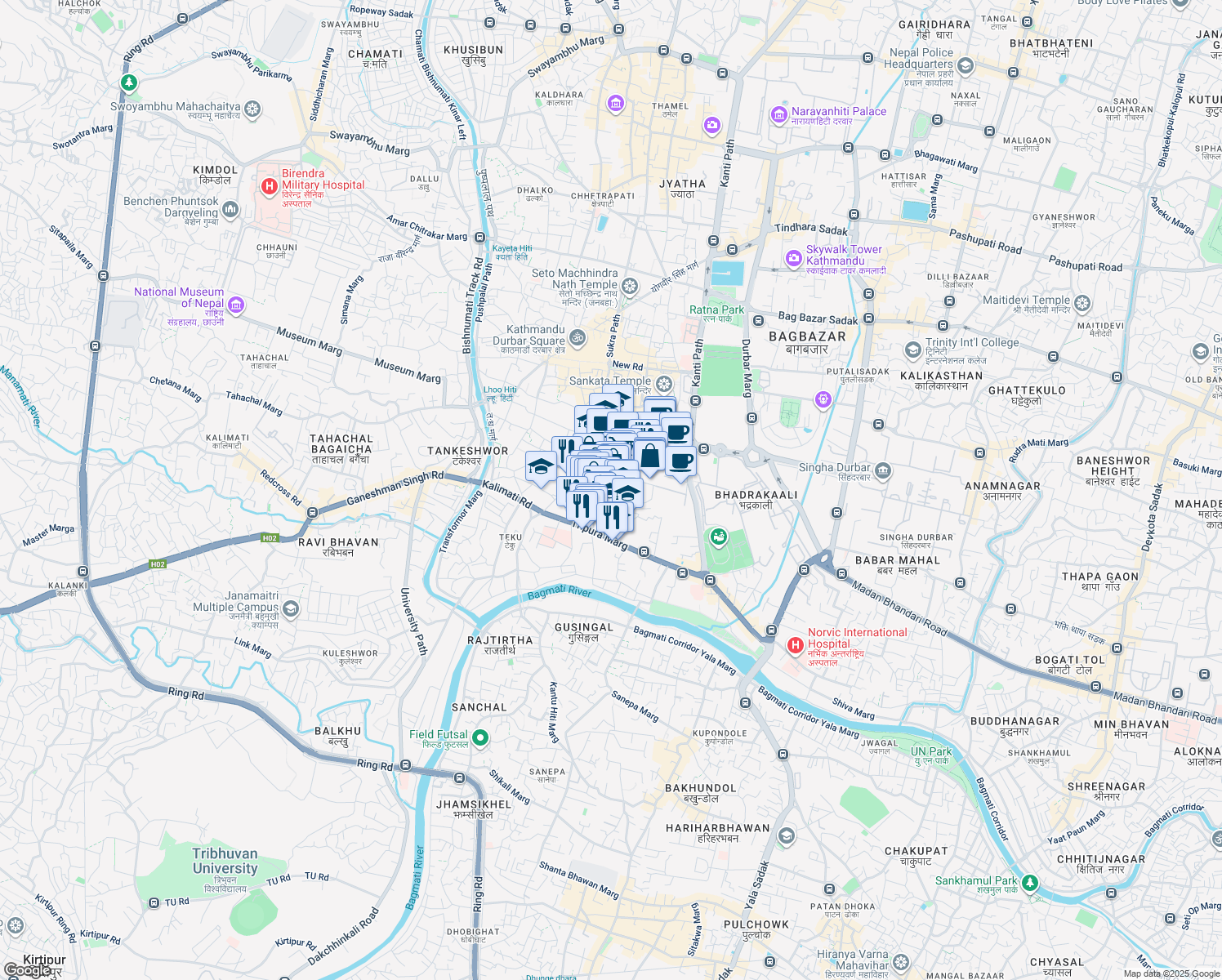 map of restaurants, bars, coffee shops, grocery stores, and more near Bhotebahal Marga in Kathmandu