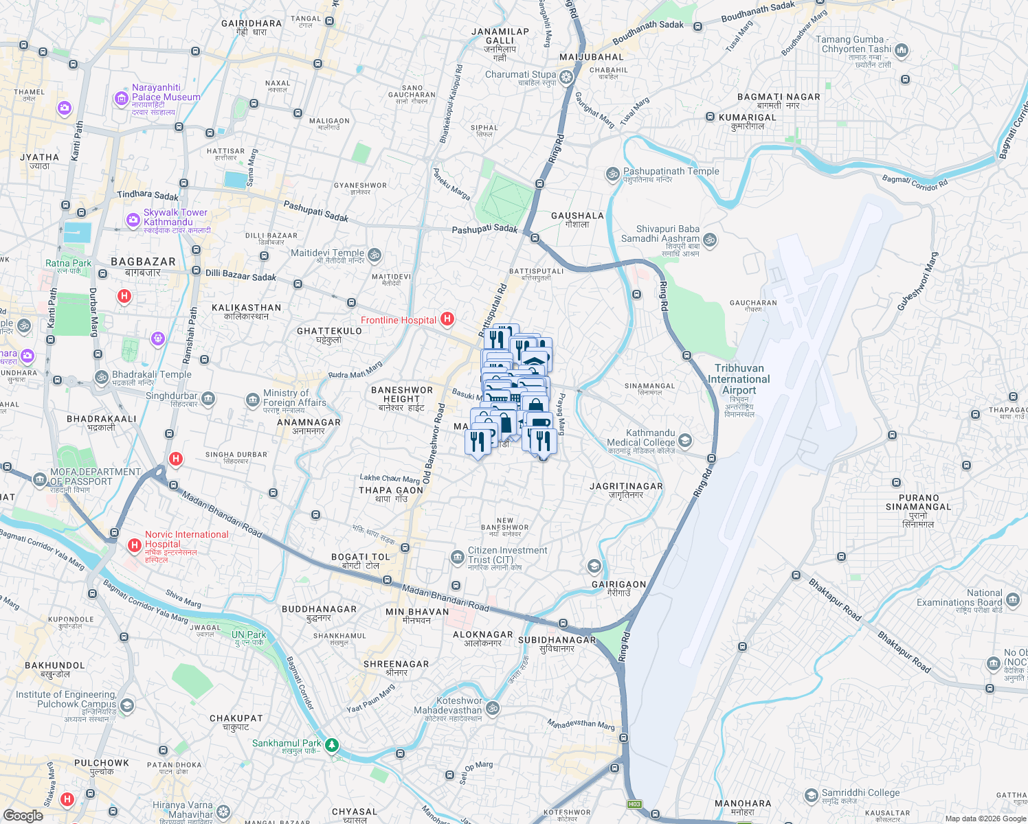map of restaurants, bars, coffee shops, grocery stores, and more near Basuki Marga Sinamangal Road in Kathmandu