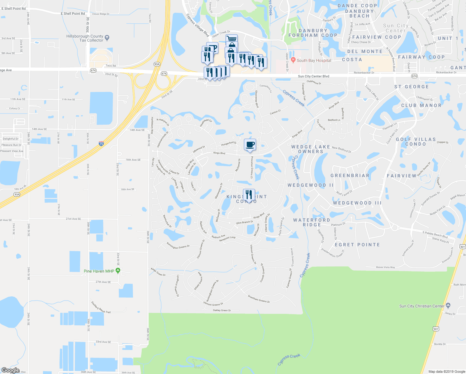 map of restaurants, bars, coffee shops, grocery stores, and more near 653 McDaniel Street in Sun City Center