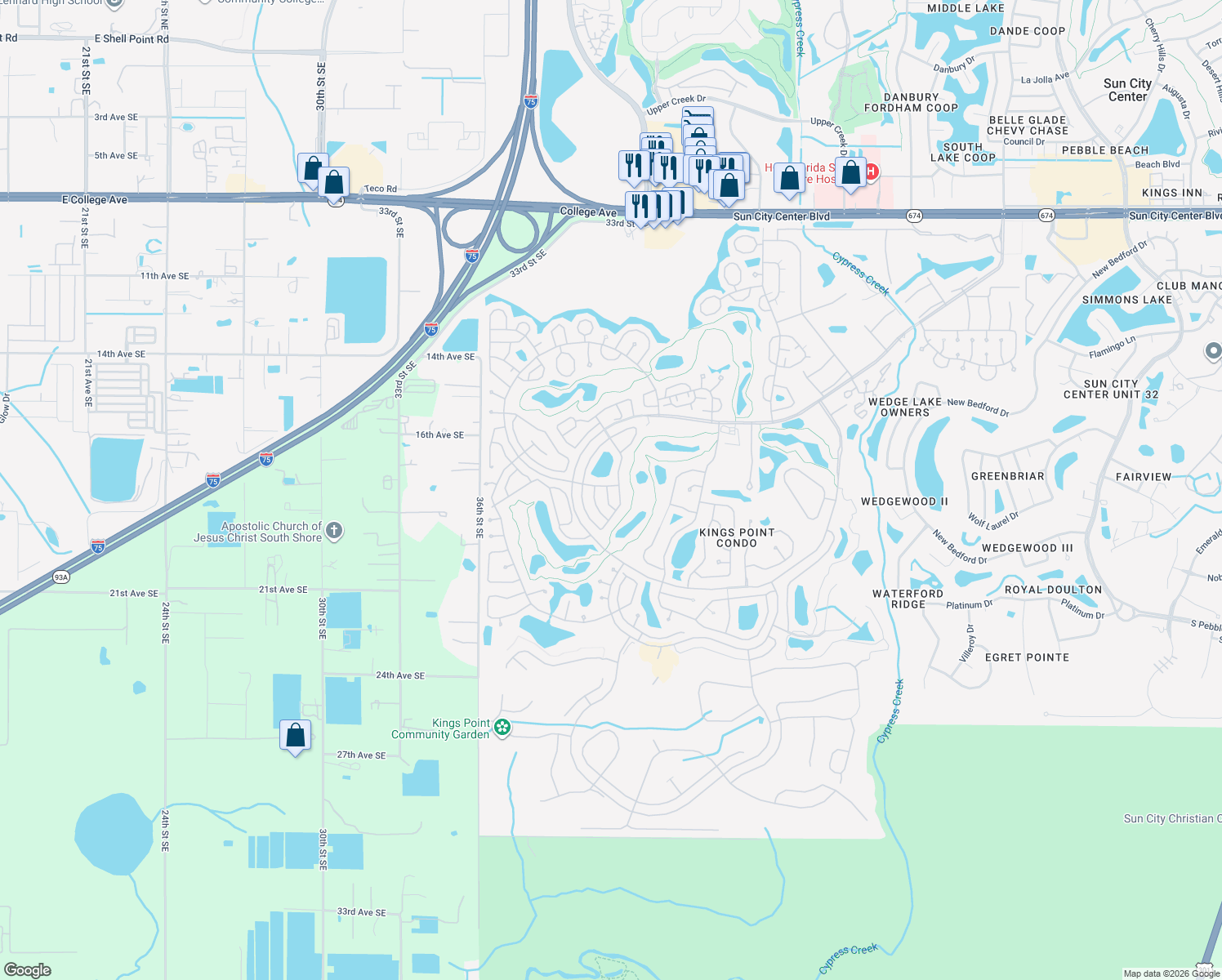 map of restaurants, bars, coffee shops, grocery stores, and more near 2629 Lancaster Drive in Sun City Center