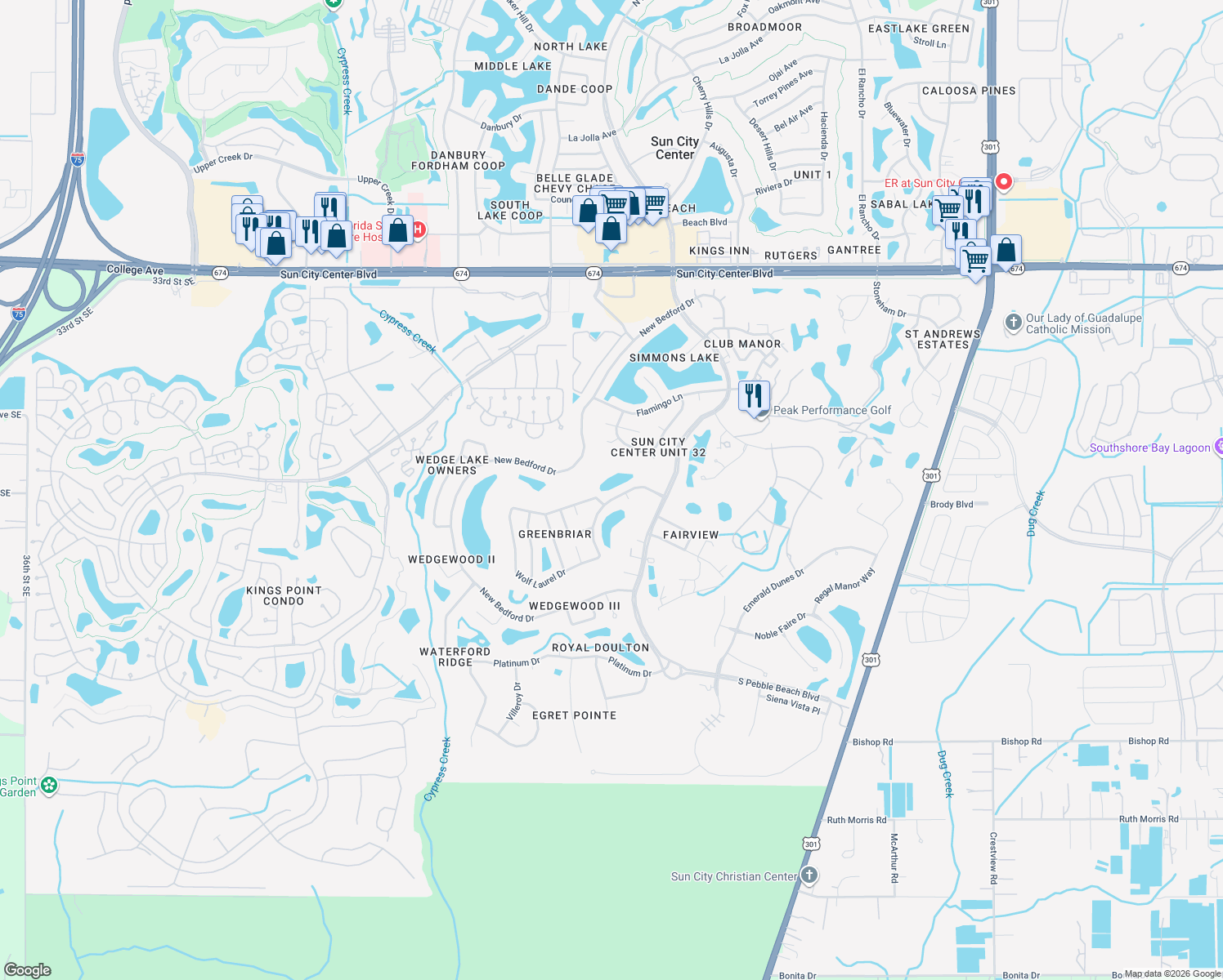map of restaurants, bars, coffee shops, grocery stores, and more near 1723 Wolf Laurel Drive in Sun City Center