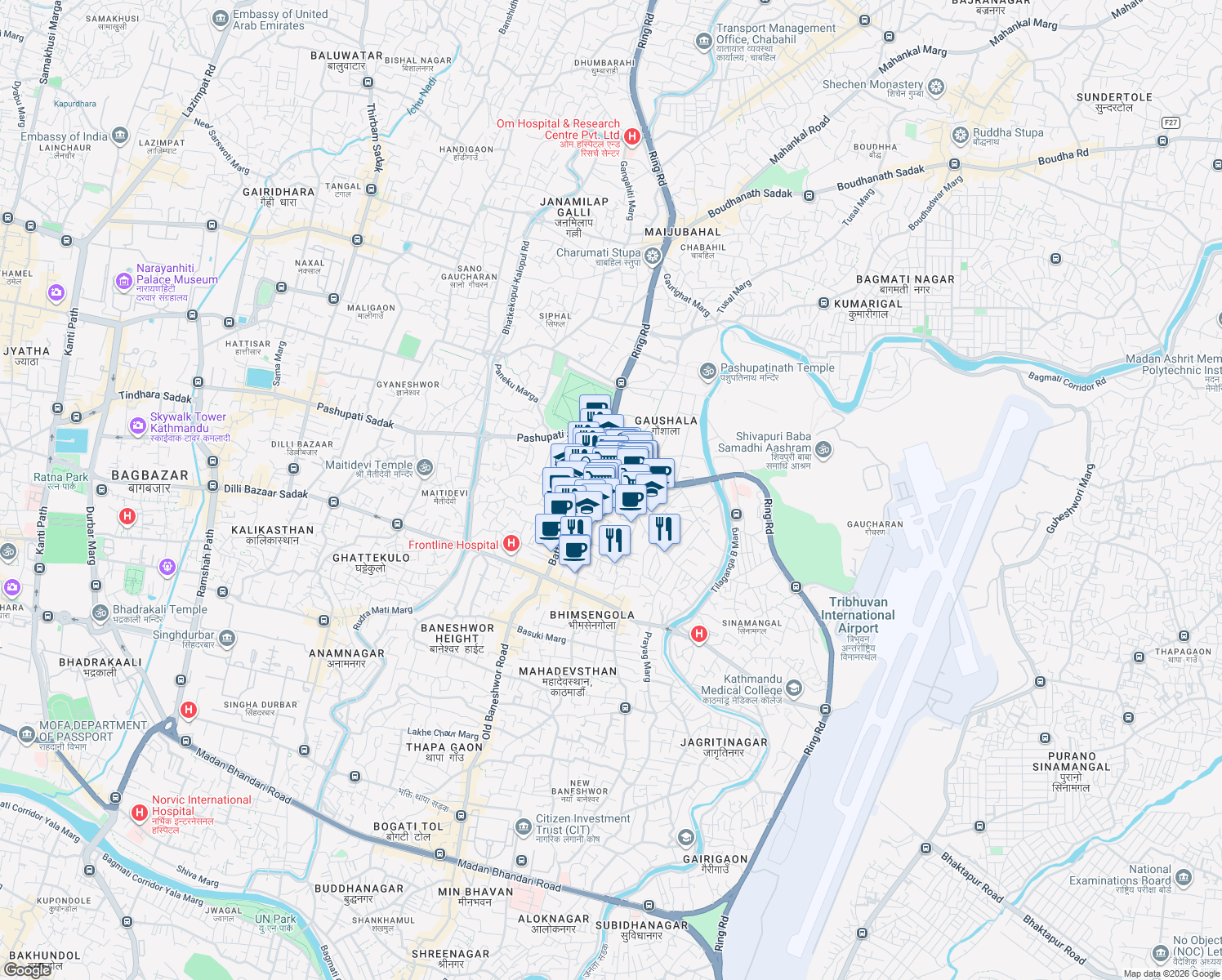 map of restaurants, bars, coffee shops, grocery stores, and more near Surya Bikram Gyawali Marg in Kathmandu