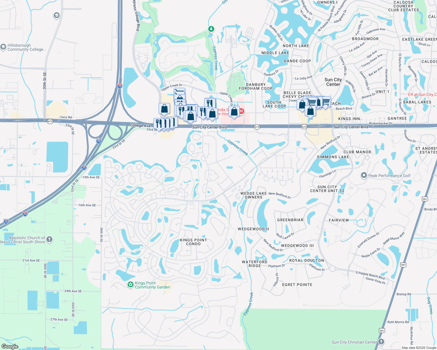 map of restaurants, bars, coffee shops, grocery stores, and more near 2216 Grenadier Drive in Sun City Center