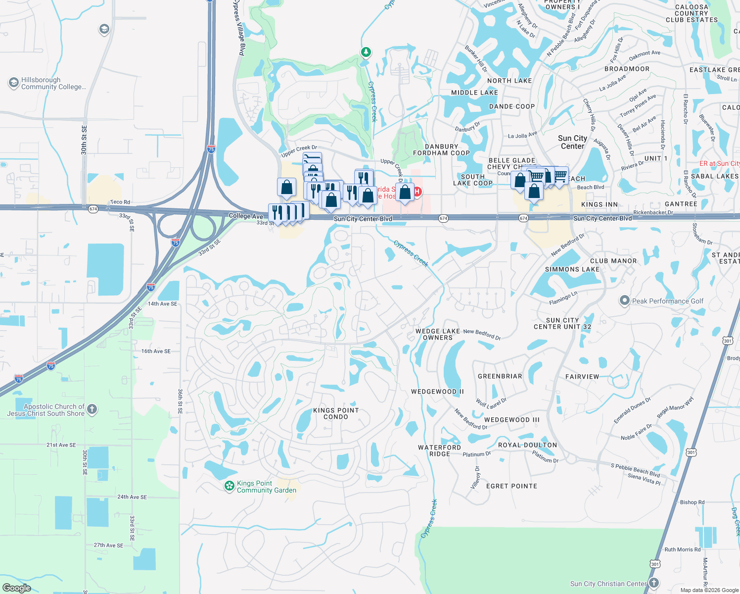 map of restaurants, bars, coffee shops, grocery stores, and more near 2211 Grenadier Drive in Sun City Center