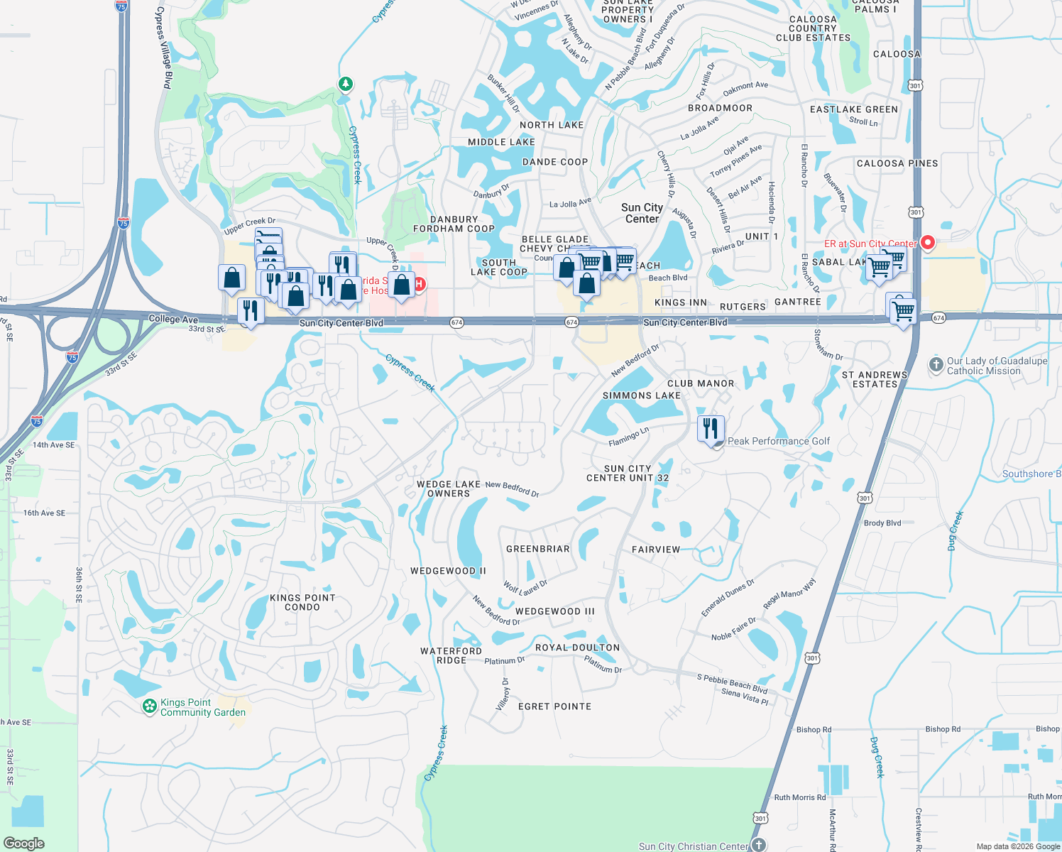 map of restaurants, bars, coffee shops, grocery stores, and more near 401 Faraday Trail in Sun City Center