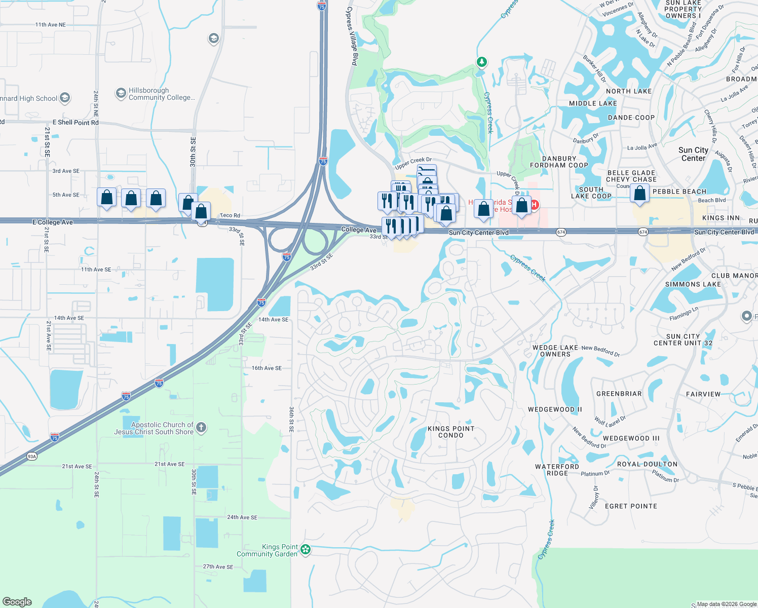 map of restaurants, bars, coffee shops, grocery stores, and more near 2001 Heathfield Circle in Sun City Center