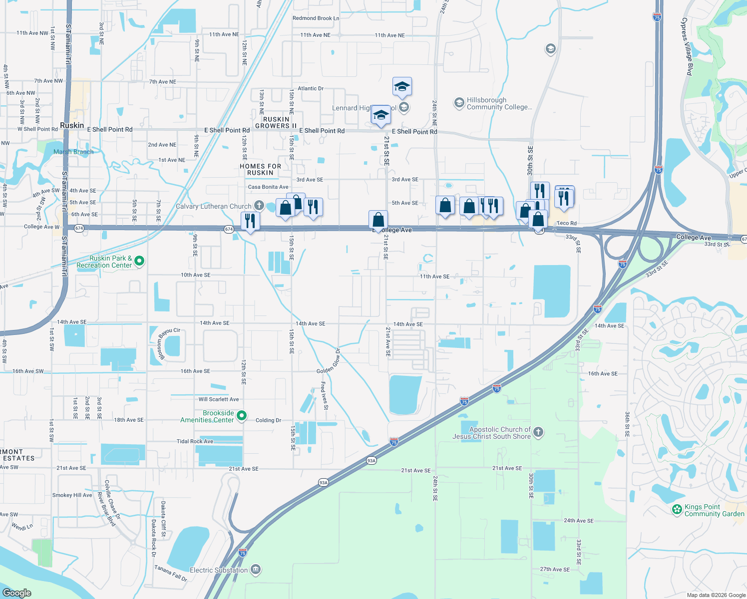 map of restaurants, bars, coffee shops, grocery stores, and more near 1202 Humble Haven Street in Ruskin