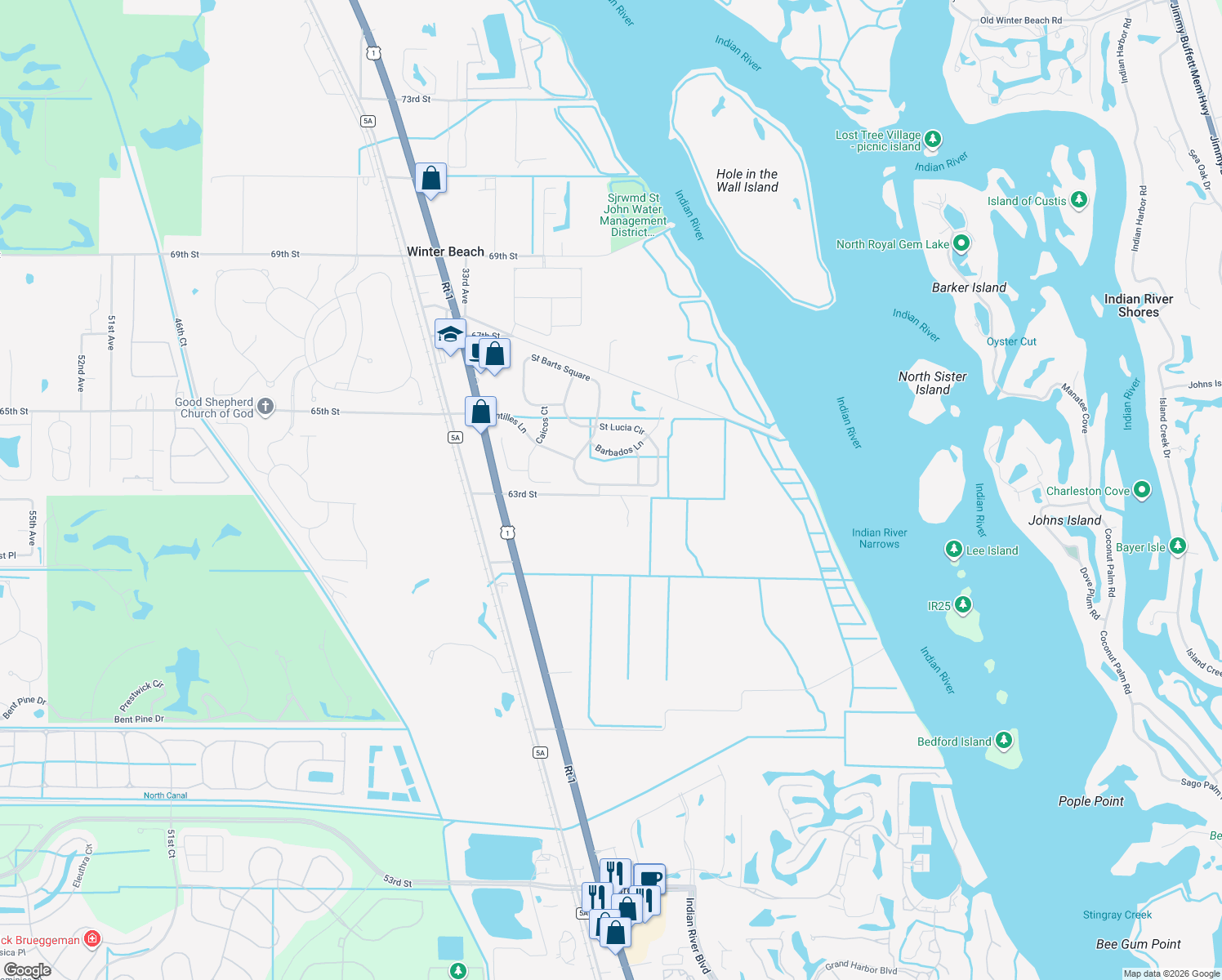 map of restaurants, bars, coffee shops, grocery stores, and more near 2557 Saint Lucia Circle in Vero Beach