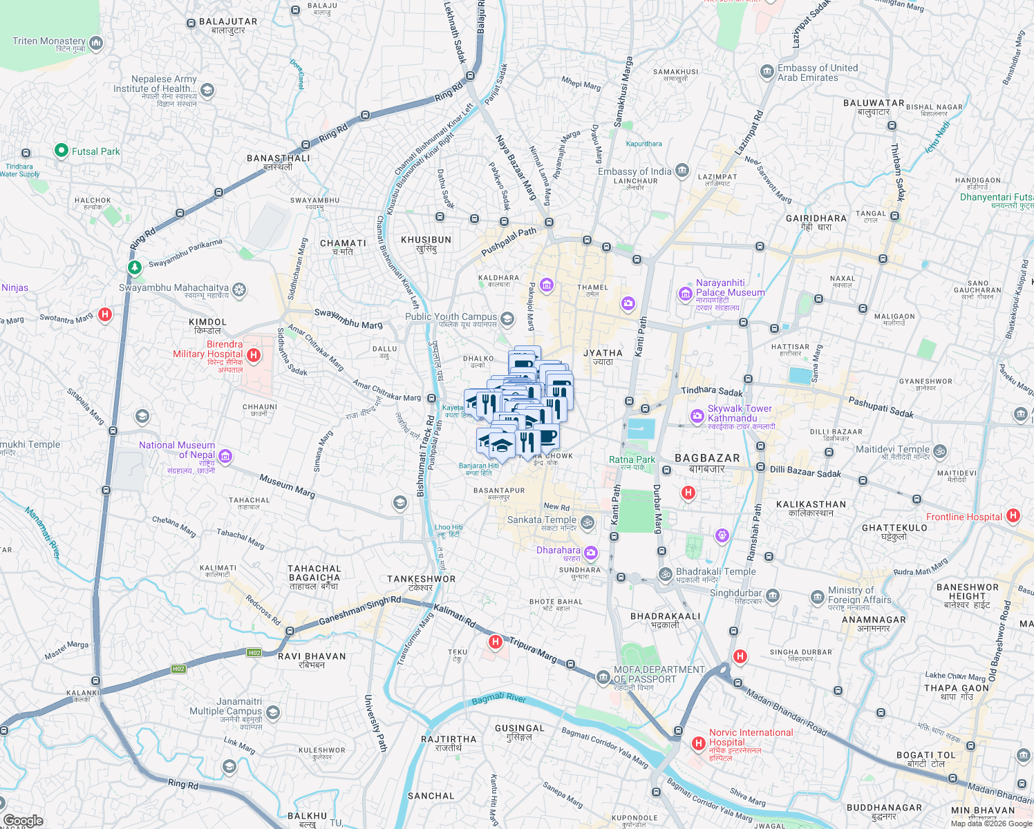 map of restaurants, bars, coffee shops, grocery stores, and more near Chittadhar Marg in Kathmandu