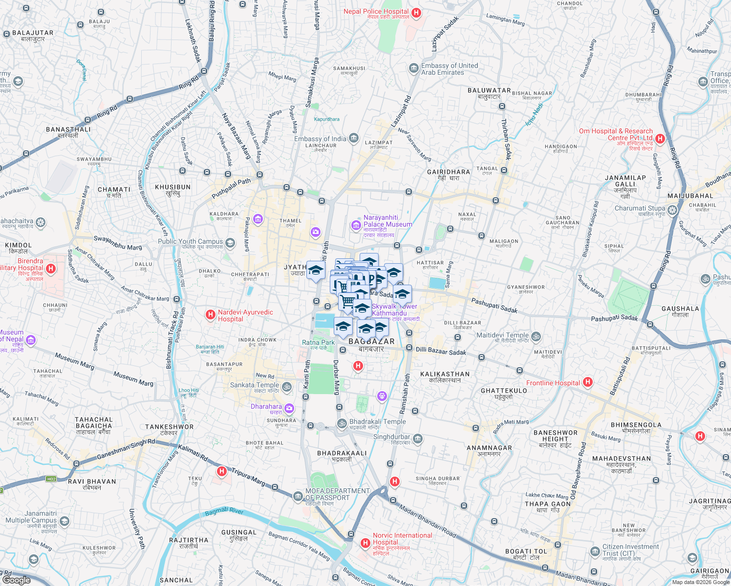map of restaurants, bars, coffee shops, grocery stores, and more near Teendhara Marg in Kathmandu