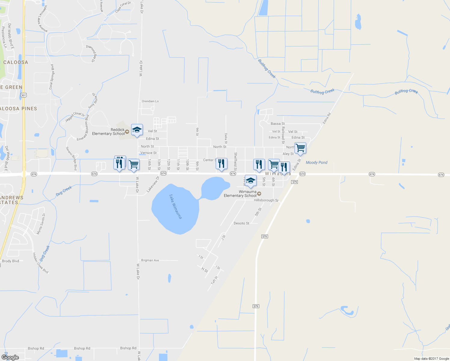 map of restaurants, bars, coffee shops, grocery stores, and more near 5575 Florida 674 in Wimauma