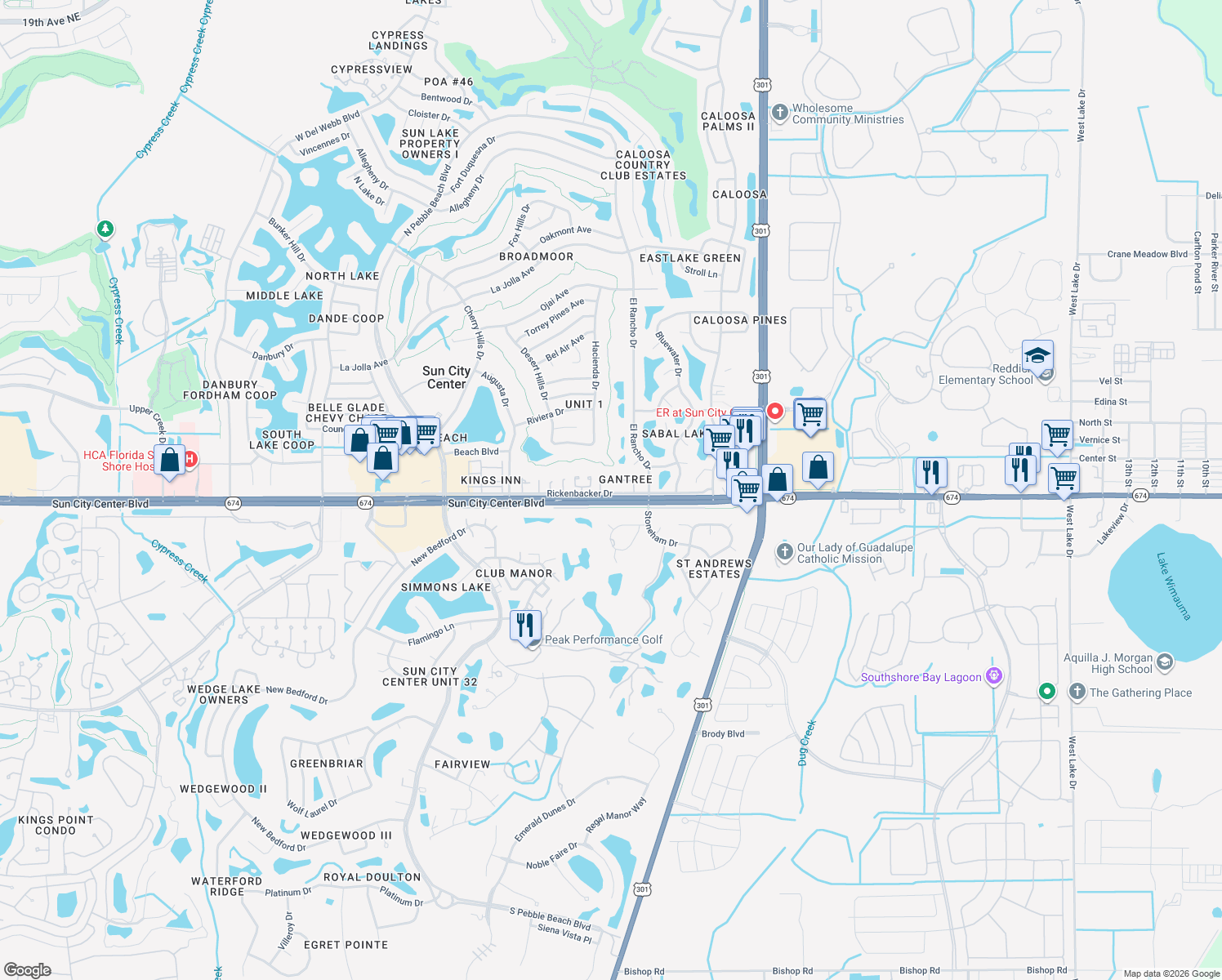 map of restaurants, bars, coffee shops, grocery stores, and more near 211 Rickenbacker Drive in Sun City Center