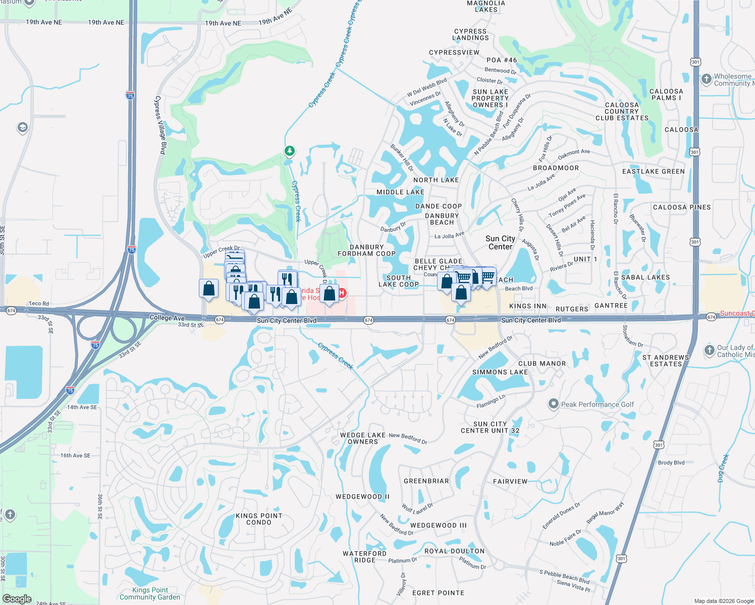 map of restaurants, bars, coffee shops, grocery stores, and more near 708 Brannen Circle in Sun City Center
