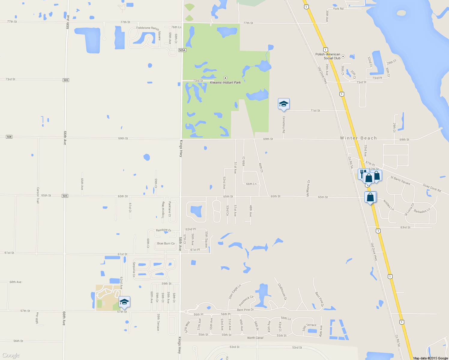 map of restaurants, bars, coffee shops, grocery stores, and more near 6610 52nd Avenue in Vero Beach