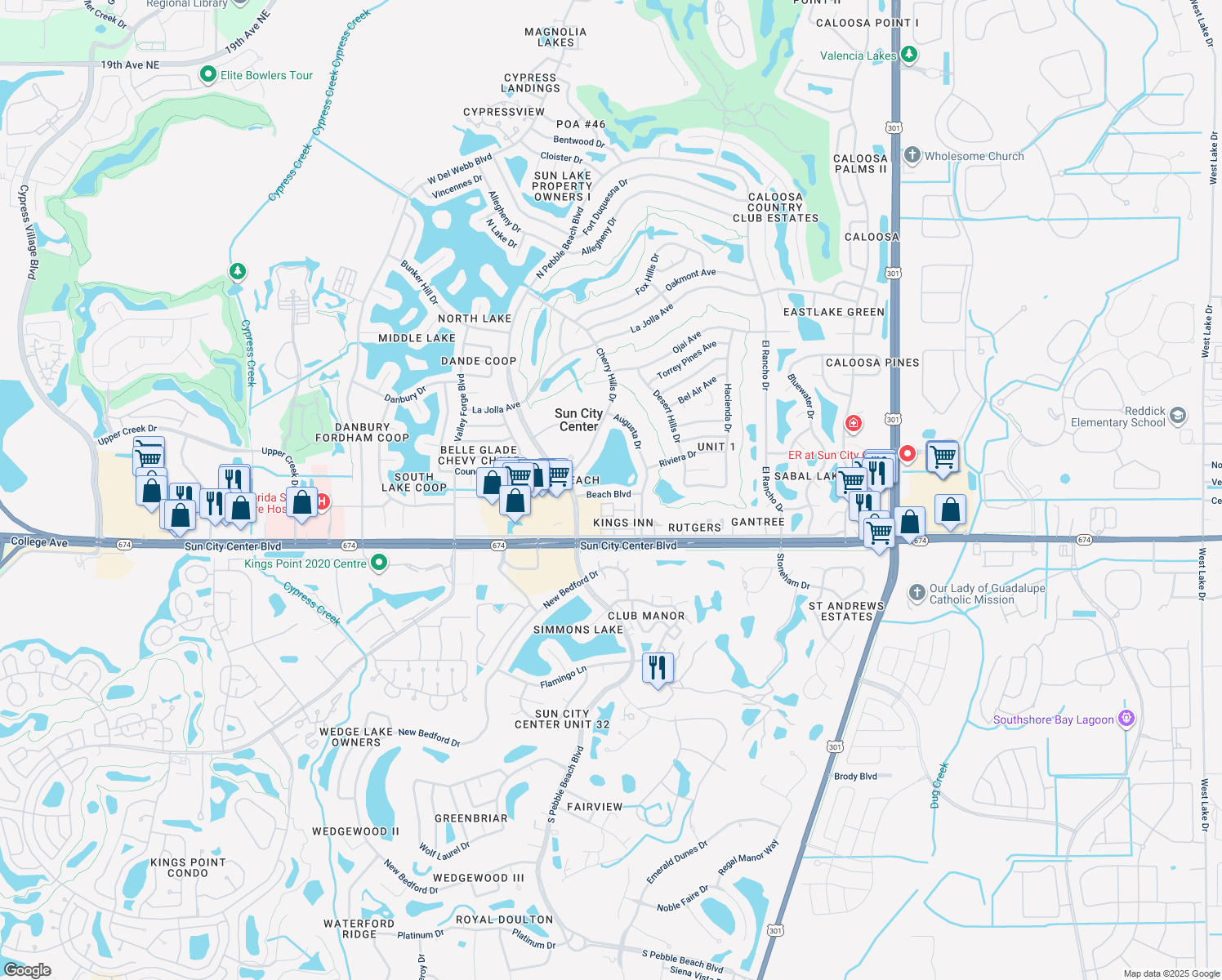 map of restaurants, bars, coffee shops, grocery stores, and more near 1107 Beach Boulevard in Sun City Center