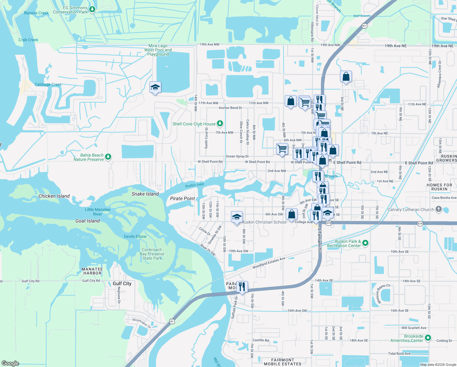 map of restaurants, bars, coffee shops, grocery stores, and more near 827 Blue Heron Boulevard in Ruskin