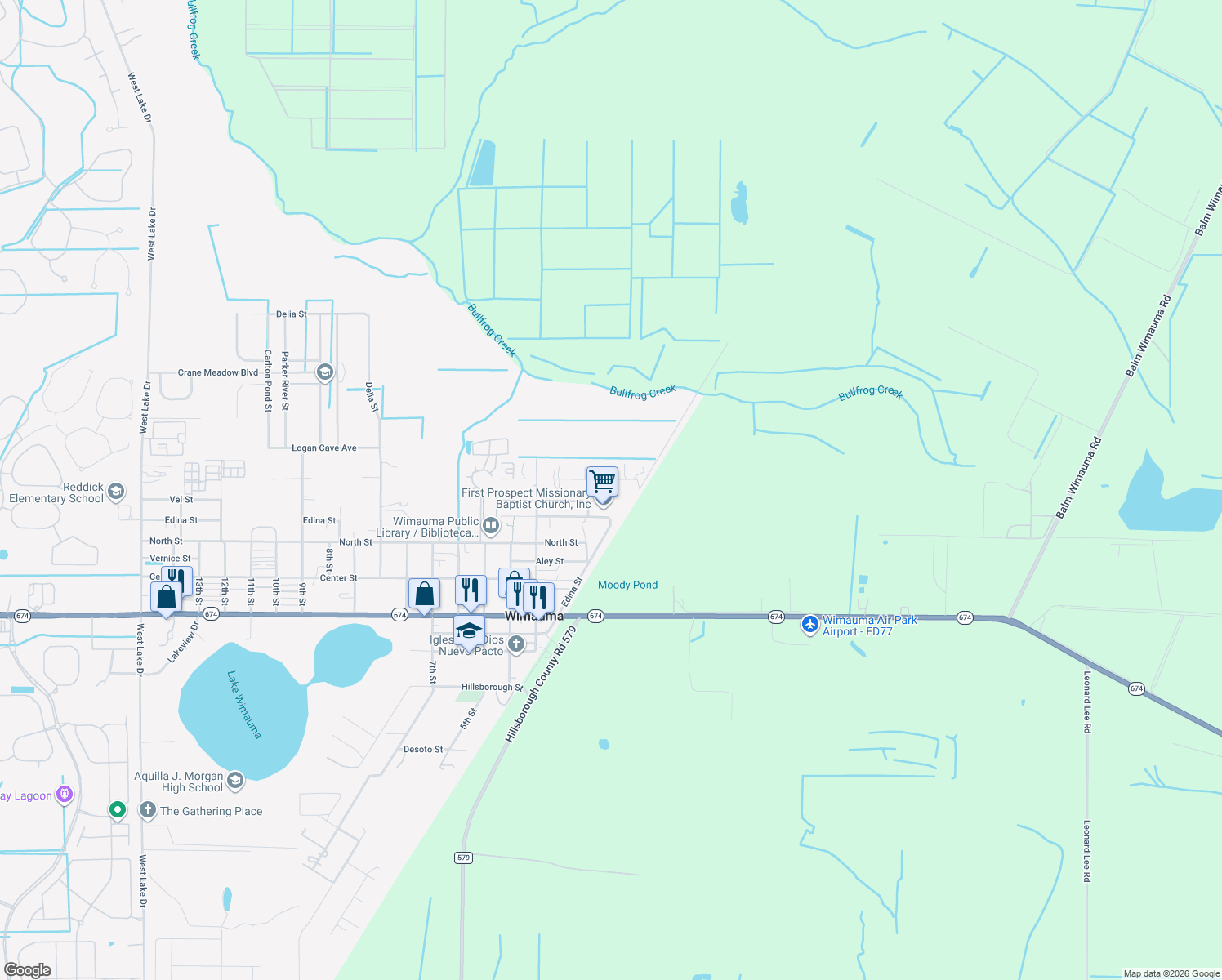 map of restaurants, bars, coffee shops, grocery stores, and more near 6017 Bassa Street in Wimauma