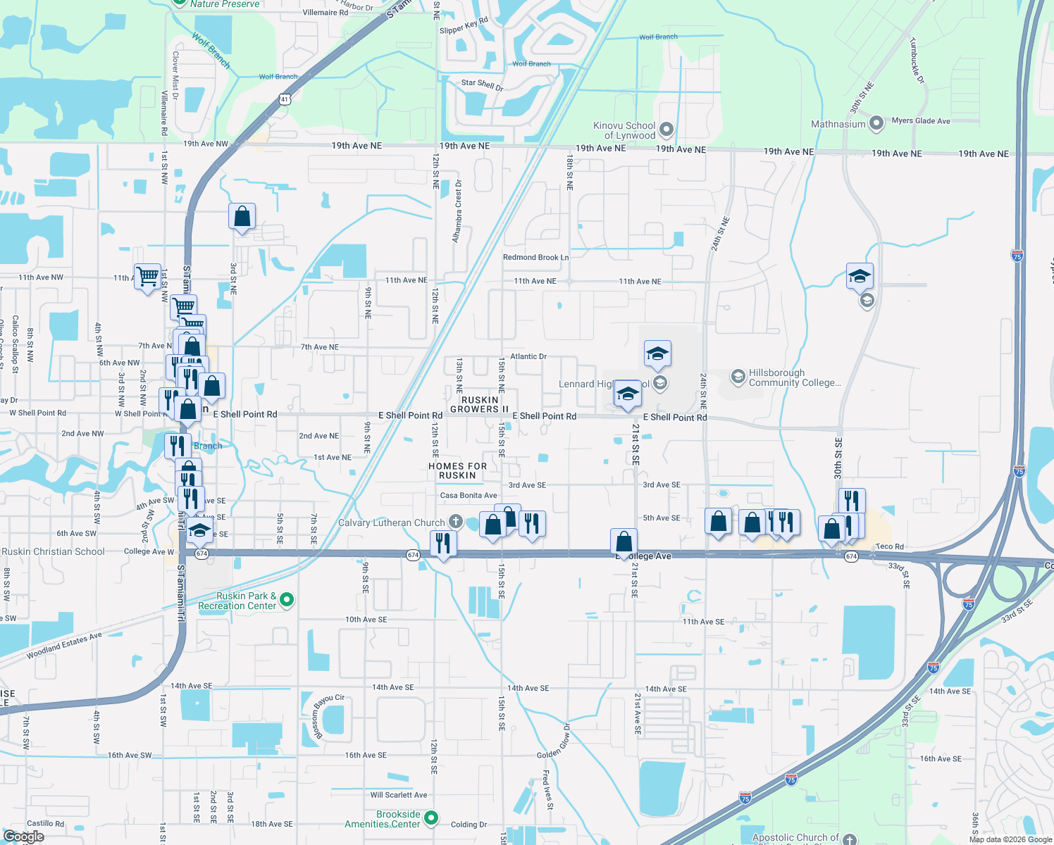 map of restaurants, bars, coffee shops, grocery stores, and more near 1603 E Shell Point Rd in Ruskin
