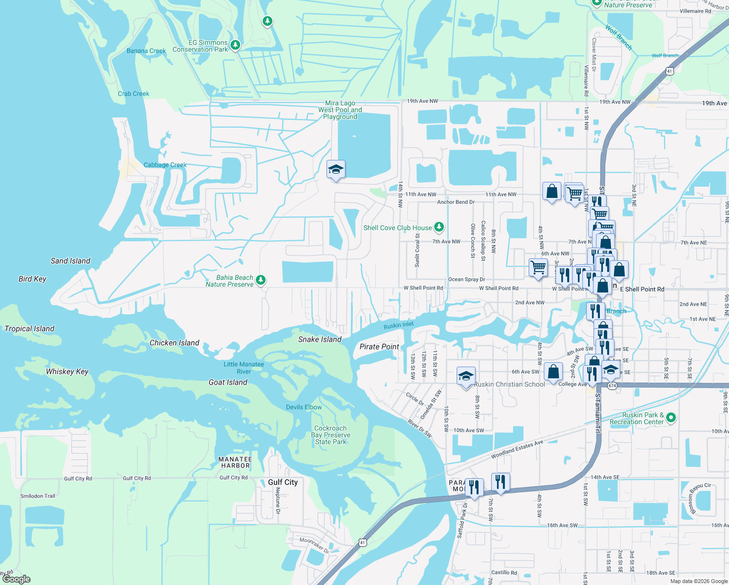 map of restaurants, bars, coffee shops, grocery stores, and more near 215 17th Street Northwest in Ruskin