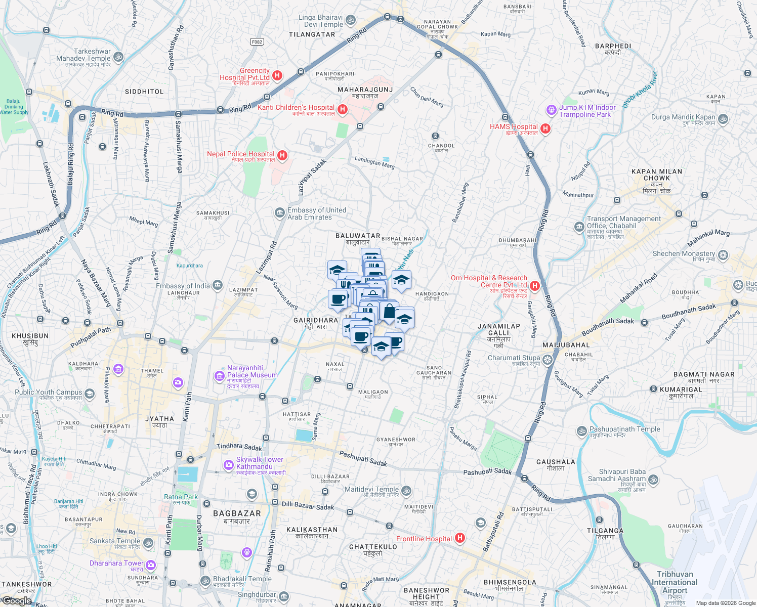 map of restaurants, bars, coffee shops, grocery stores, and more near Thirbam Sadak in Kathmandu