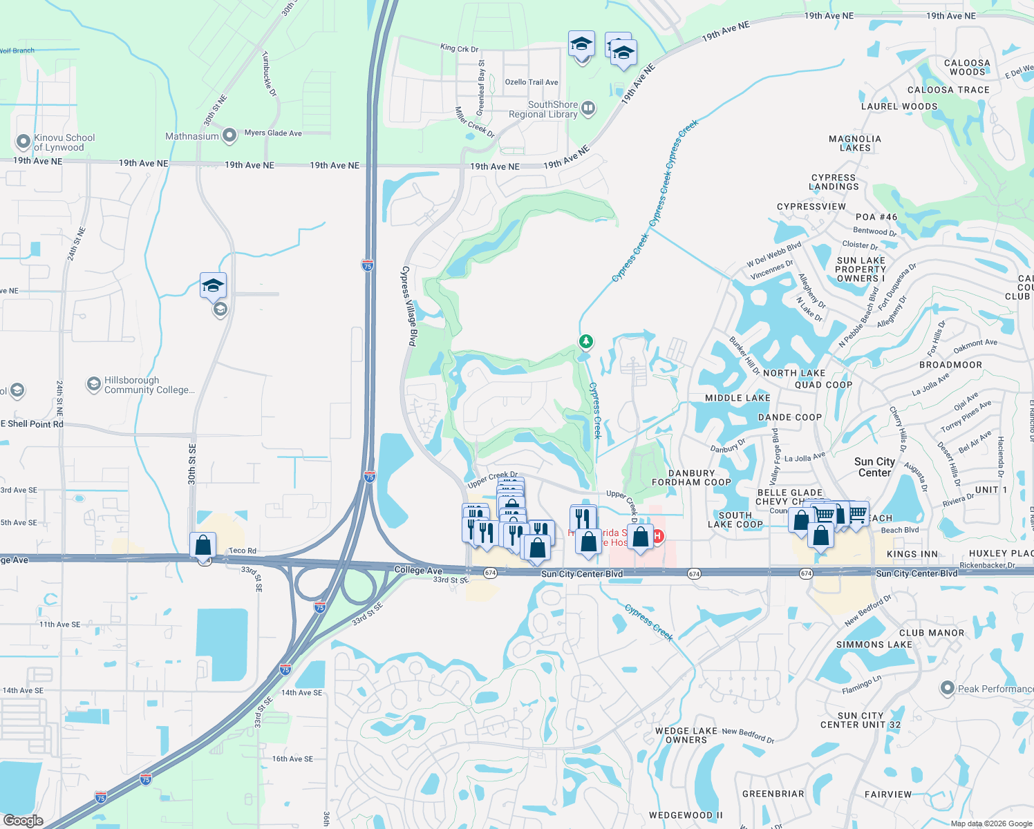 map of restaurants, bars, coffee shops, grocery stores, and more near 3615 Gaviota Drive in Sun City Center