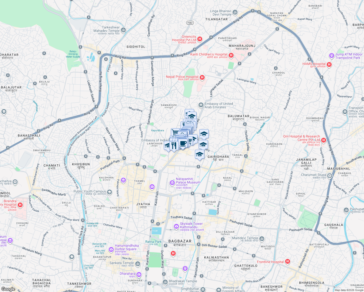 map of restaurants, bars, coffee shops, grocery stores, and more near Lazimpat Road in Kathmandu