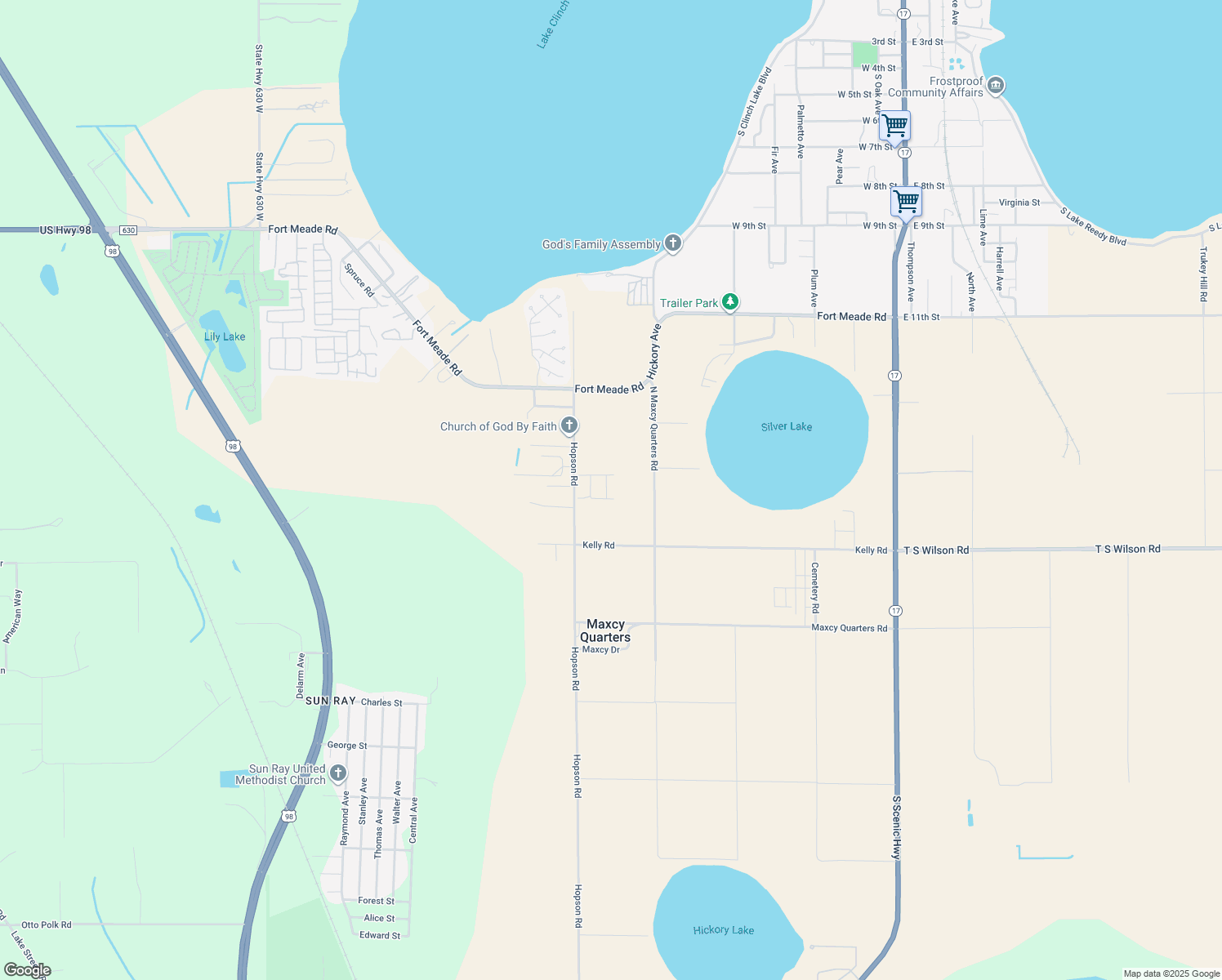 map of restaurants, bars, coffee shops, grocery stores, and more near 36 Roosevelt Avenue in Frostproof