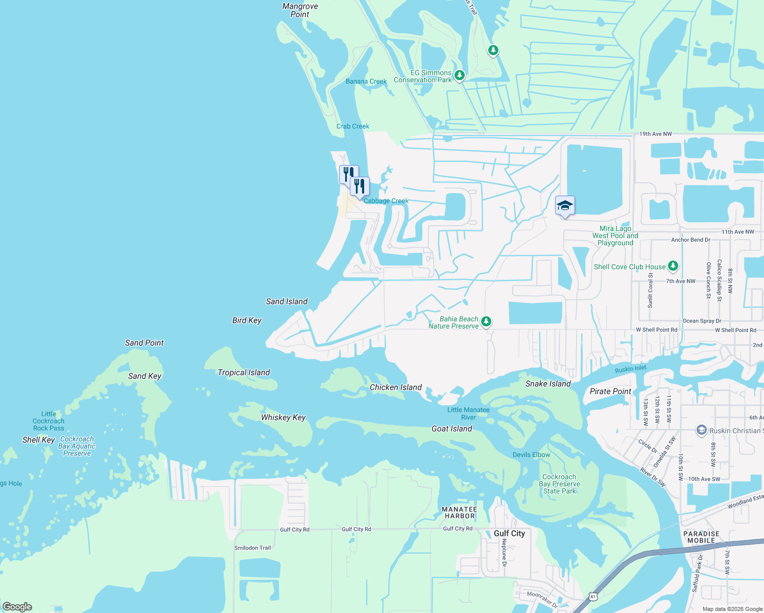 map of restaurants, bars, coffee shops, grocery stores, and more near 301 32nd Street Northwest in Ruskin