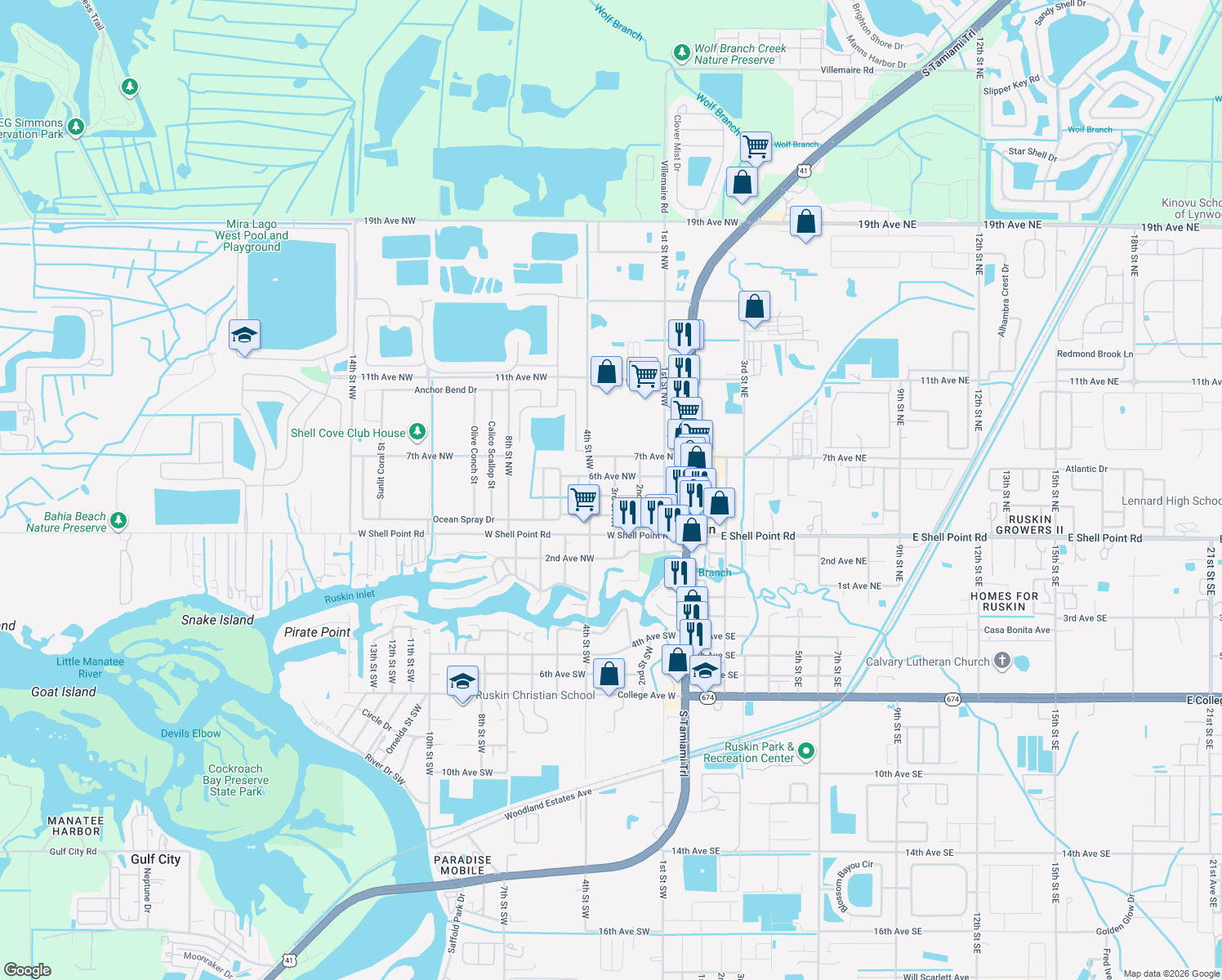 map of restaurants, bars, coffee shops, grocery stores, and more near 301 5th Avenue Northwest in Ruskin