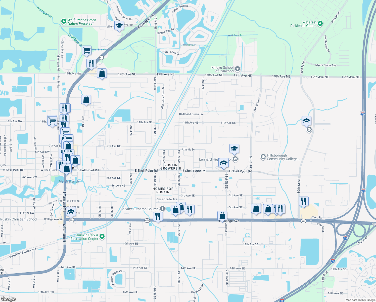 map of restaurants, bars, coffee shops, grocery stores, and more near 1609 Atlantic Dr in Ruskin