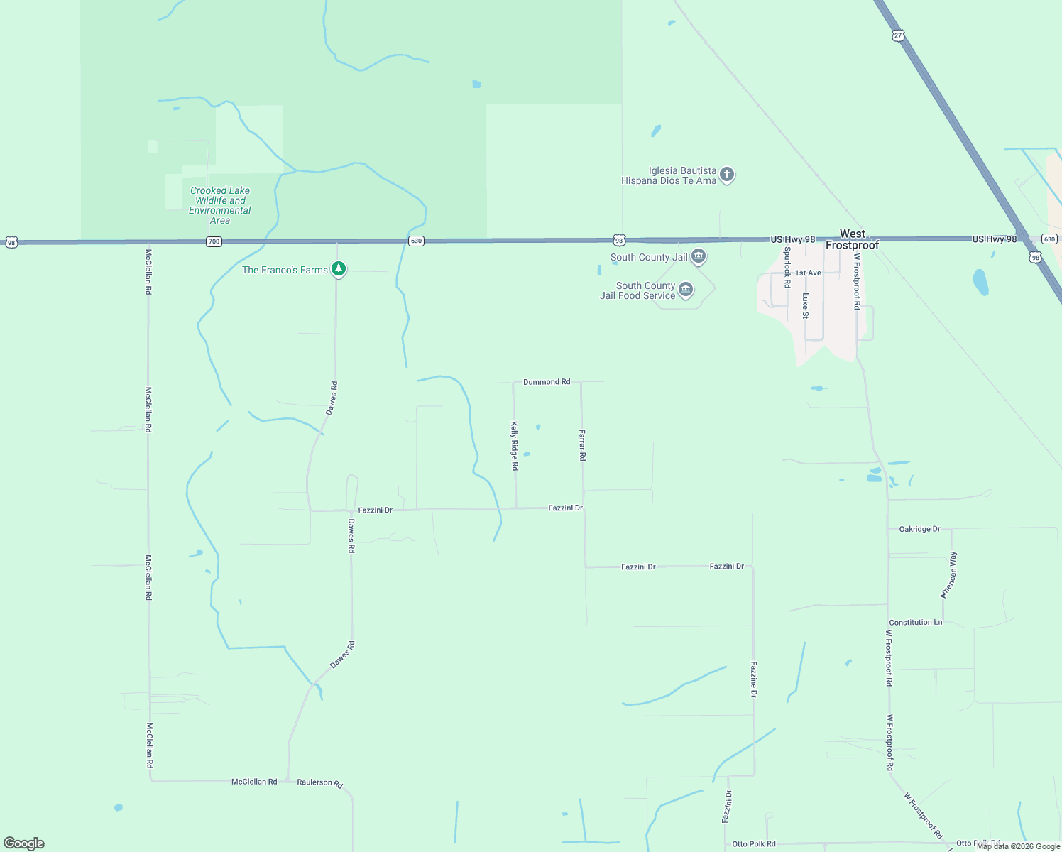 map of restaurants, bars, coffee shops, grocery stores, and more near 48 Kelly Ridge Road in Frostproof