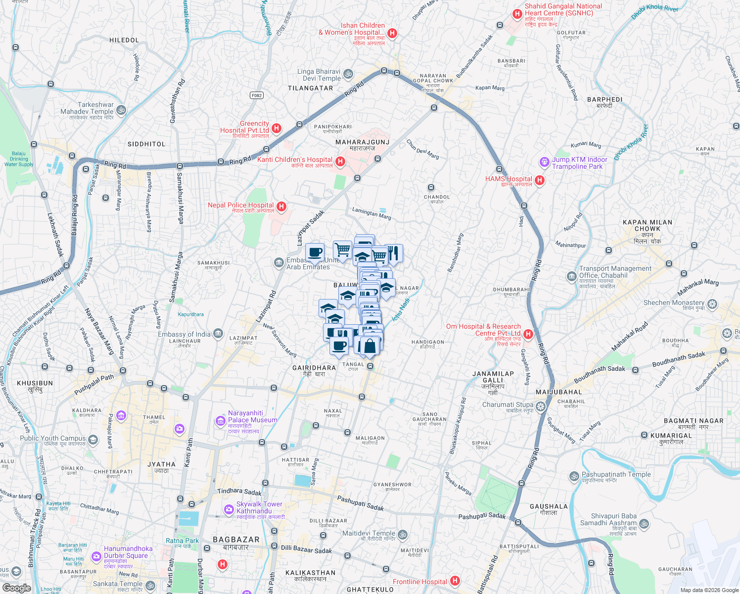 map of restaurants, bars, coffee shops, grocery stores, and more near Lamatangin Marg in Kathmandu