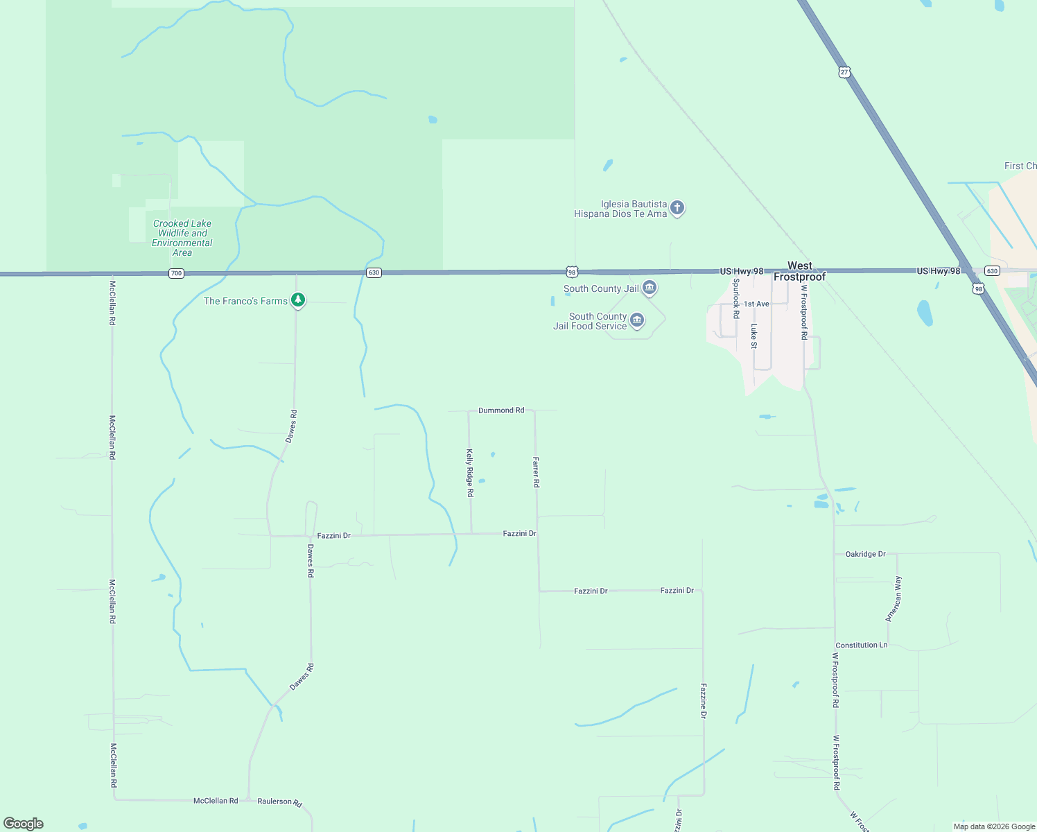 map of restaurants, bars, coffee shops, grocery stores, and more near 105 Farrer Road in Frostproof