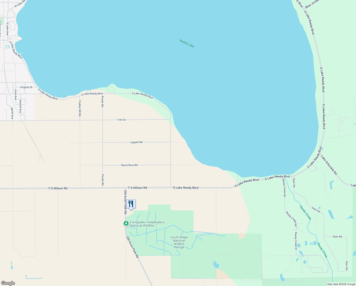 map of restaurants, bars, coffee shops, grocery stores, and more near 1375 South Lake Reedy Boulevard in Frostproof