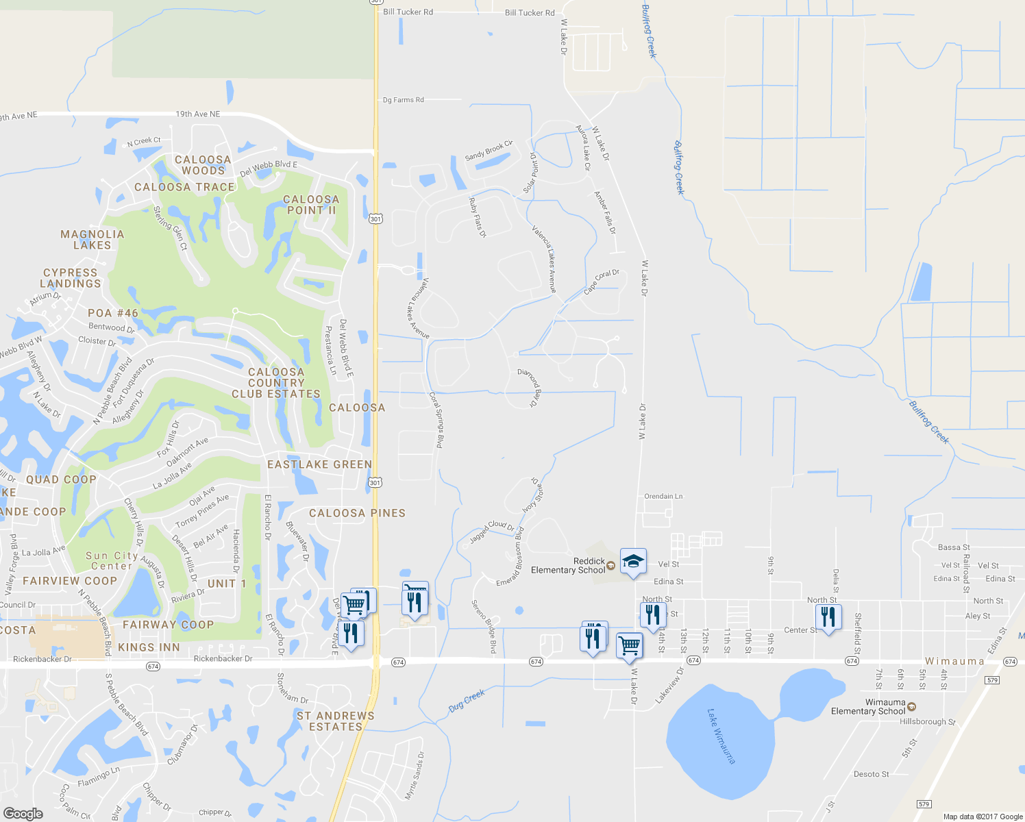 map of restaurants, bars, coffee shops, grocery stores, and more near 16227 Diamond Bay Drive in Wimauma