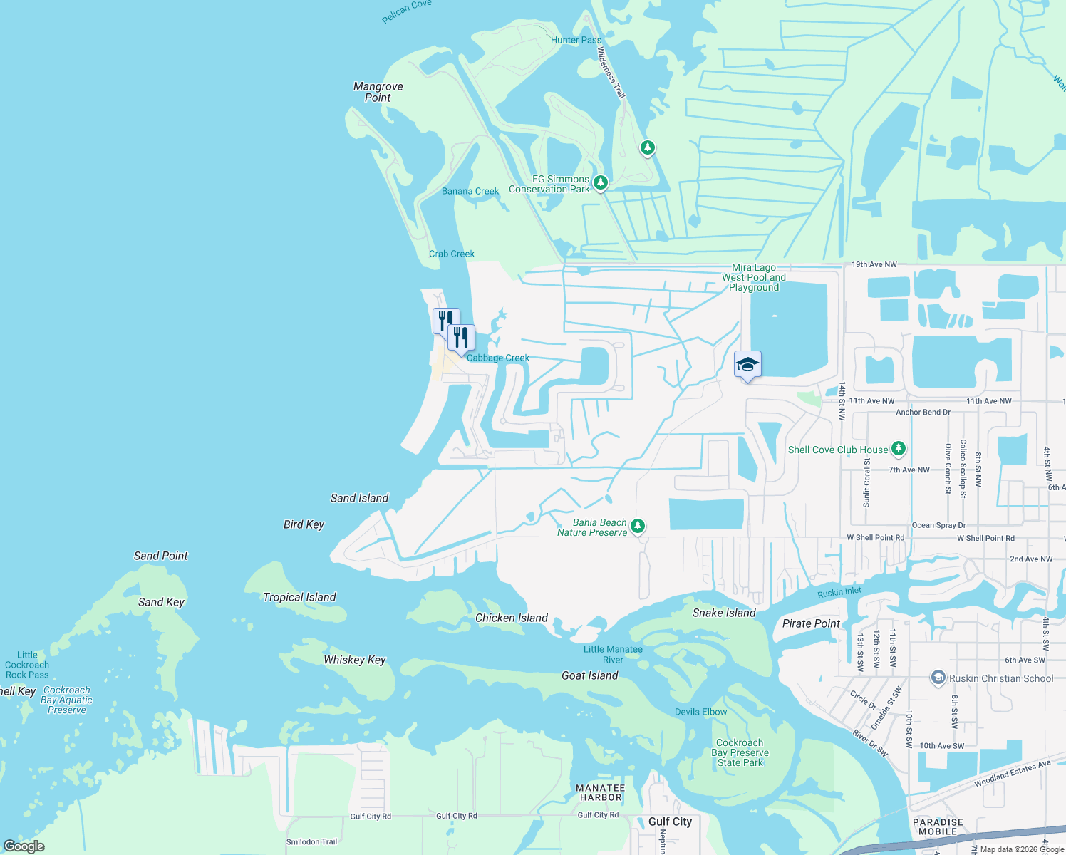 map of restaurants, bars, coffee shops, grocery stores, and more near 3016 Christophers Watch Lane in Ruskin