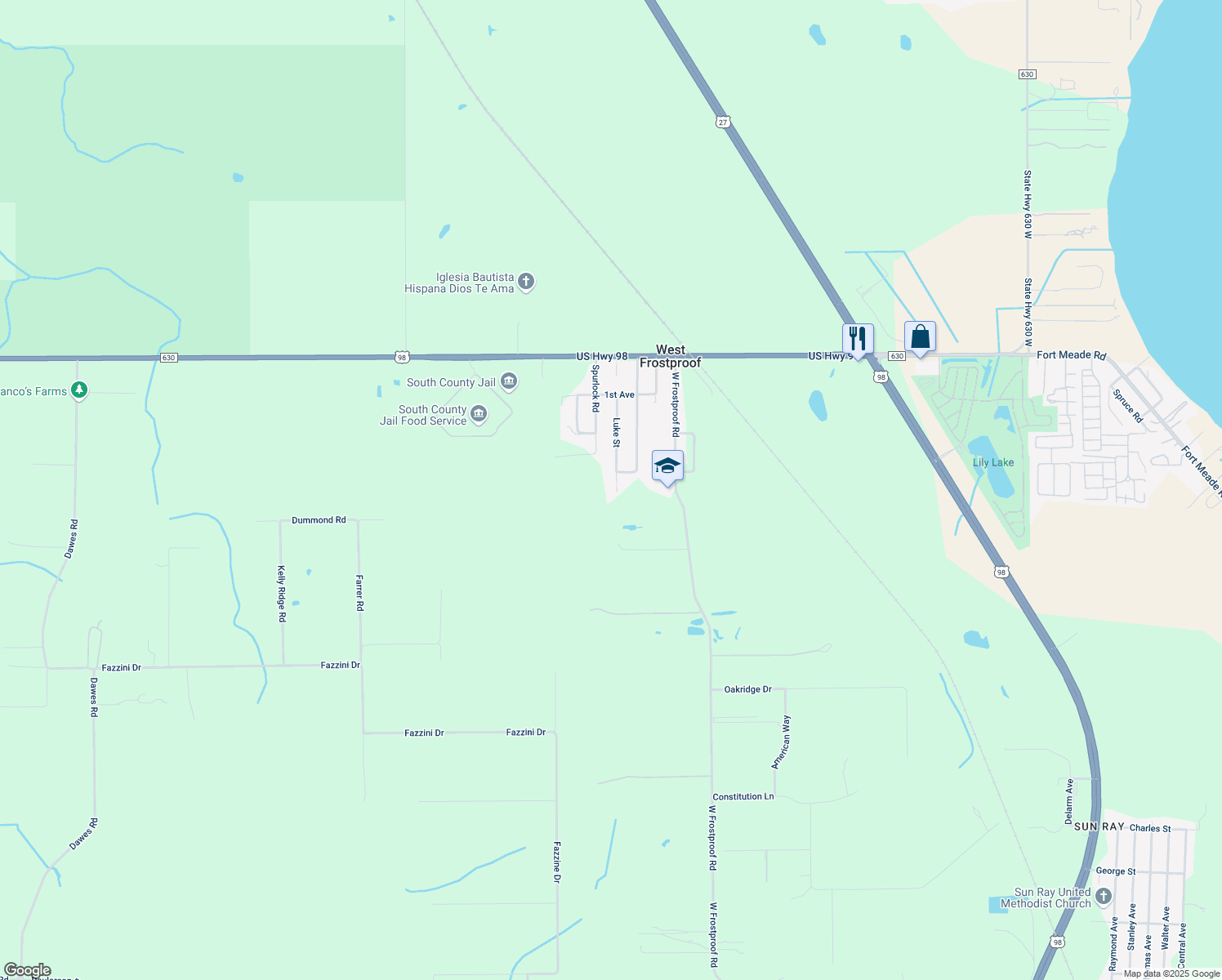 map of restaurants, bars, coffee shops, grocery stores, and more near 347 Luke Street in Frostproof