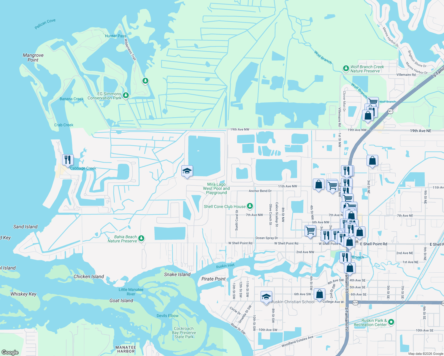 map of restaurants, bars, coffee shops, grocery stores, and more near 1507 Mira Lago Circle in Ruskin