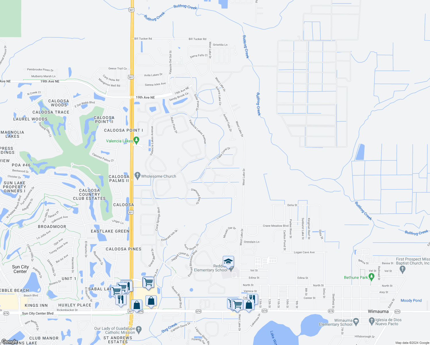 map of restaurants, bars, coffee shops, grocery stores, and more near 16127 Cape Coral Drive in Wimauma