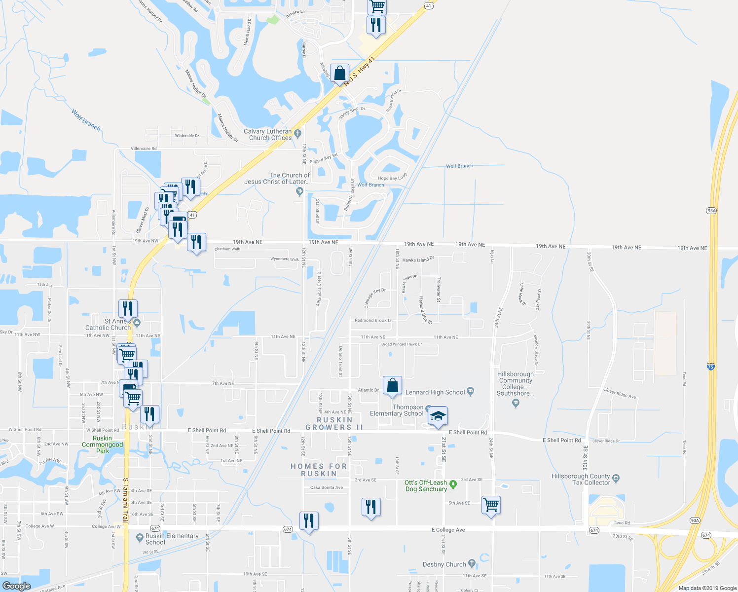 map of restaurants, bars, coffee shops, grocery stores, and more near 1606 Cabbage Key Drive in Ruskin
