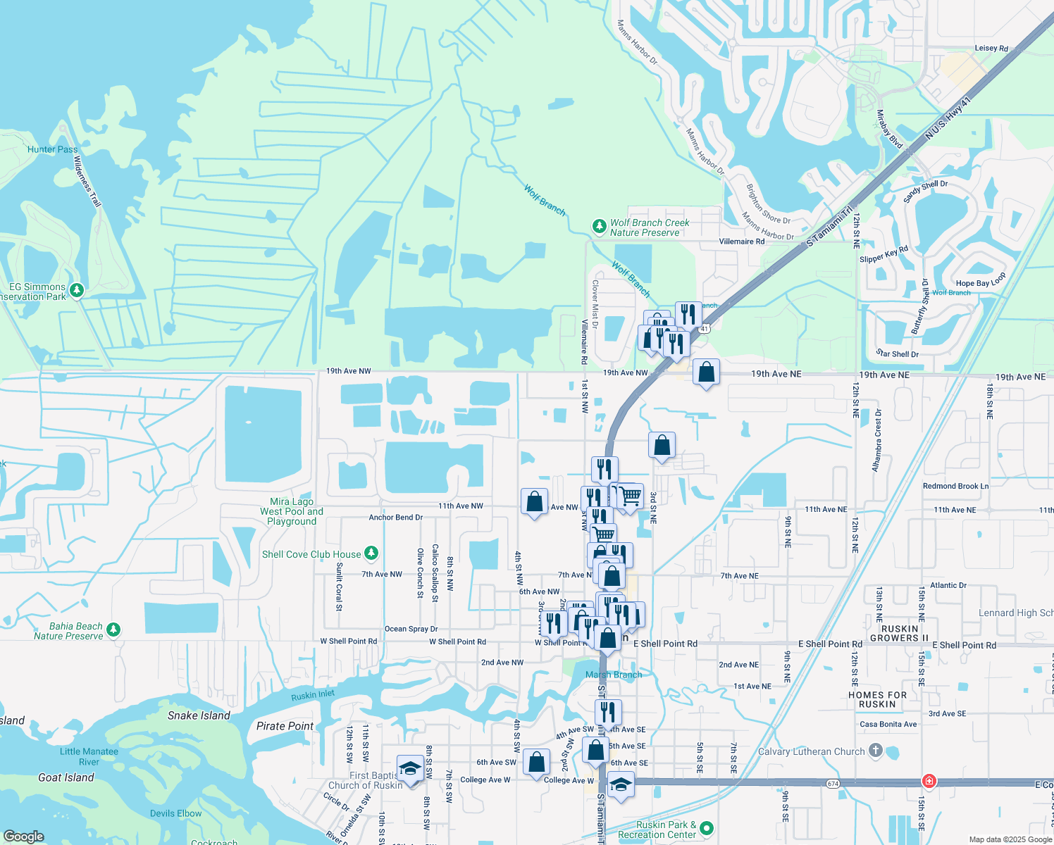 map of restaurants, bars, coffee shops, grocery stores, and more near 309 15th Avenue Northwest in Ruskin
