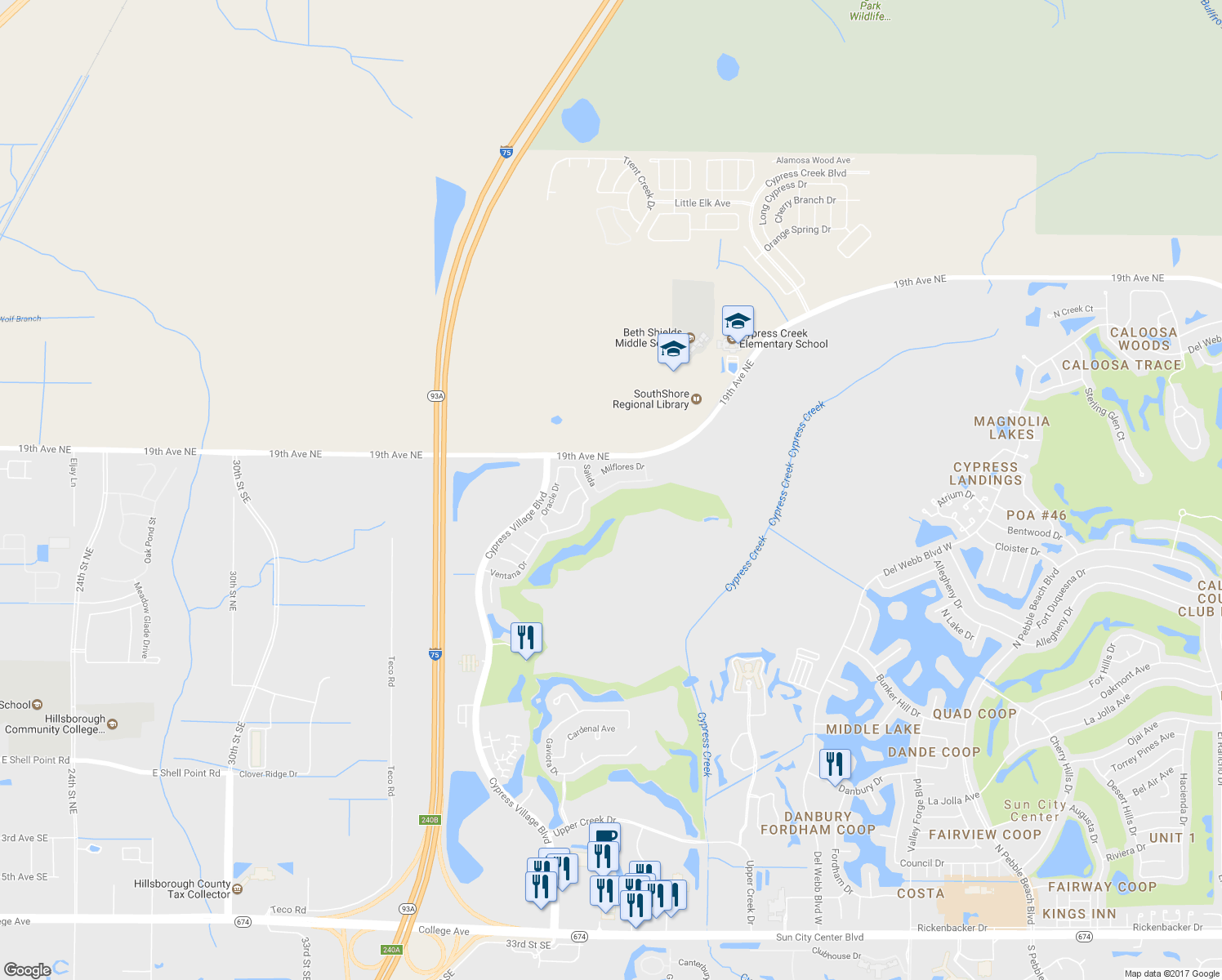 map of restaurants, bars, coffee shops, grocery stores, and more near 3819 Salida Delsol Drive in Sun City Center