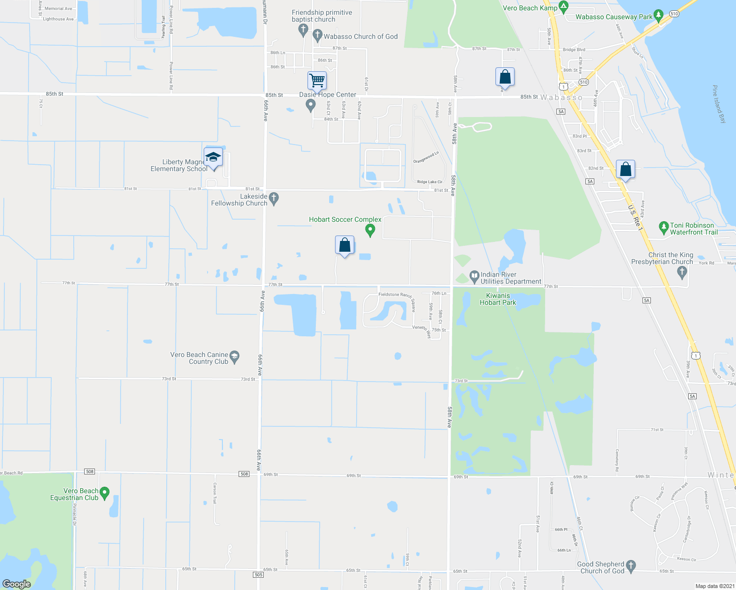 map of restaurants, bars, coffee shops, grocery stores, and more near 7621 Fieldstone Ranch Square in Vero Beach