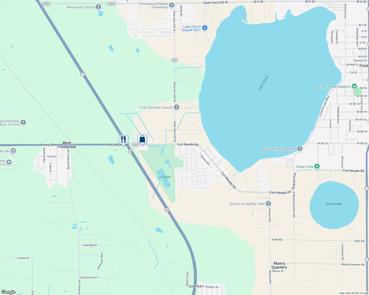 map of restaurants, bars, coffee shops, grocery stores, and more near 1821 Fort Meade Road in Frostproof