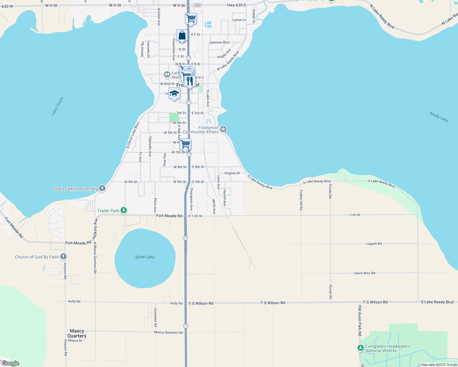 map of restaurants, bars, coffee shops, grocery stores, and more near 318 East 9th Street in Frostproof