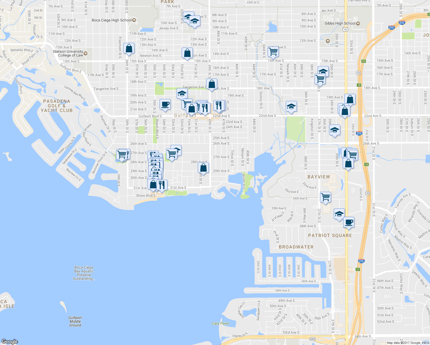 map of restaurants, bars, coffee shops, grocery stores, and more near 4804 29th Avenue South in Gulfport