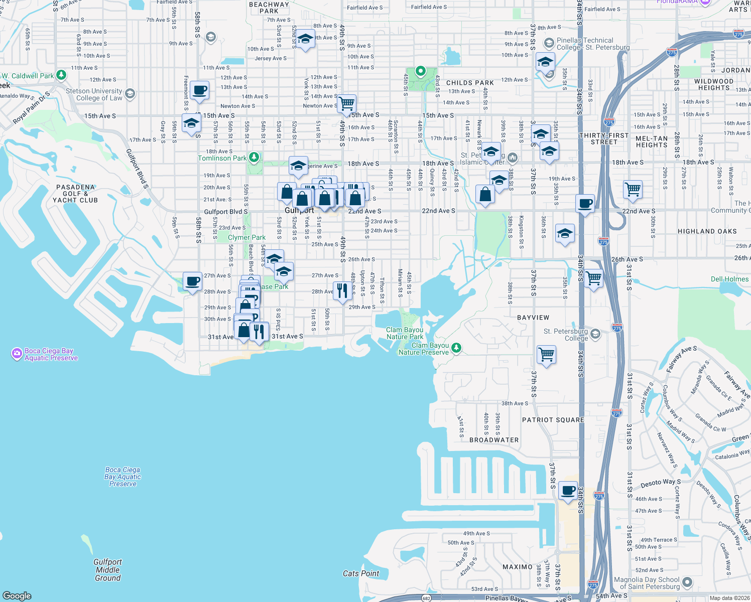 map of restaurants, bars, coffee shops, grocery stores, and more near 2824 47th Street South in Gulfport