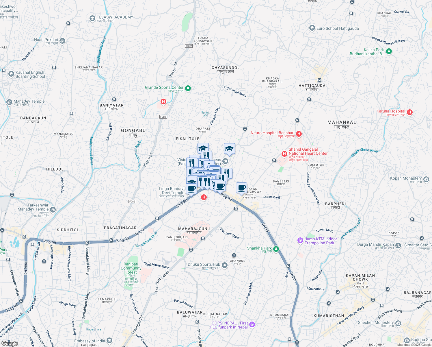 map of restaurants, bars, coffee shops, grocery stores, and more near Dhapasi Marg in Kathmandu